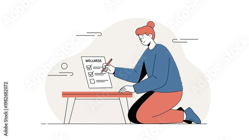 Woman filling out wellness checklist, healthy lifestyle, self-care, personal growth