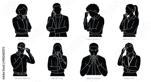 Thinking people silhouettes set, diverse business professionals in deep thought, 8 black vector icons of pensive men and women for corporate analysis