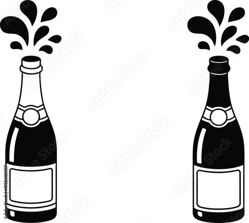 Champagne bottle celebration vector set, illustrations of bottle opening with splashing liquid and bubbles, perfect for party, event, and festive decoration designs.