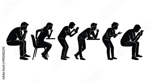 Ergonomic posture silhouette set, people with bad back pain and poor sitting habits, spinal health and body posture vector icons