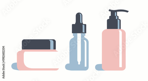 Collection of cosmetic bottles and jars for beauty products, including a dropper bottle, pump bottle, and cream jar