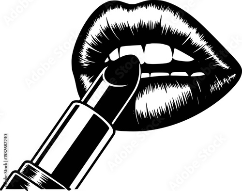 Black and white close-up of lips applying lipstick, isolated white background makeup