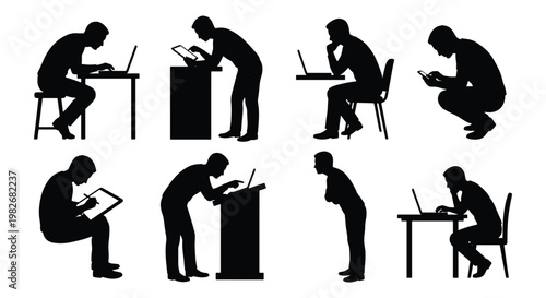 Bad posture silhouette set of people with tech neck, office workers with poor ergonomic habits, men and women slouching over laptops and phones