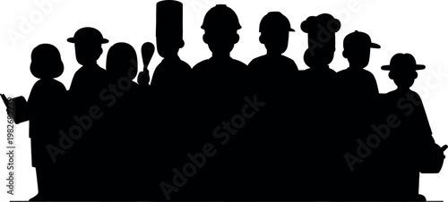 Silhouette of a group of workers in different professions