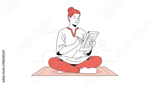 Woman meditating and making a checklist, focused on tasks and self-care, mindful planning