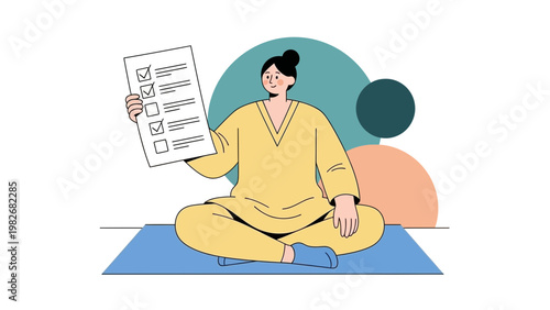 Woman Meditating with Checklist, Achieving Goals, Mindfulness, Self-Care, Organization
