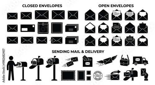 Black envelope icon set for sending mail and delivery, closed and open envelopes collection, postal service symbols and mailbox vector elements