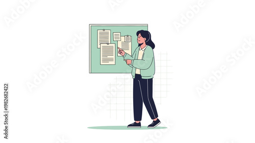 Woman pointing at presentation board with documents, teaching or explaining concept