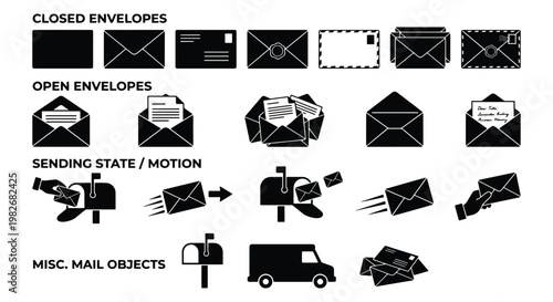 Black mail icon set with closed and open envelopes, postal delivery service symbols, mailbox and shipping truck vector elements for business communication