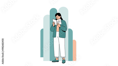 Woman reading a book, minimalist illustration, educational concept, calm atmosphere