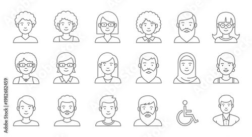 Diverse group of people line icons.