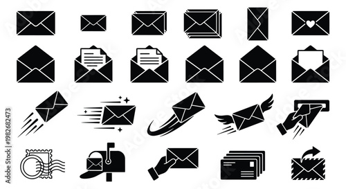 Minimalist envelope icon set, black mail and email symbols, 23 vector letter and post office elements for business communication and web design