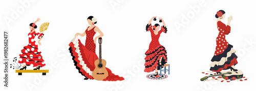 Set of four traditional Spanish flamenco dancers in red polka-dot dresses, performing with fans, guitars, and castanets, isolated on a white background.