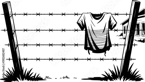 Black and white t-shirt hanging barbed wire fence near house clothing