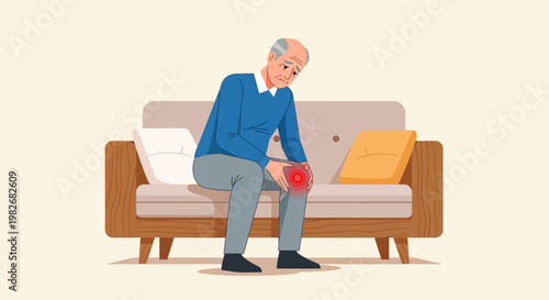 Elderly man with knee pain sitting on sofa, experiencing joint discomfort and inflammation.