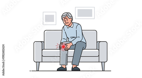 Elderly man with knee pain sitting on sofa, joint discomfort, arthritis, healthcare concept