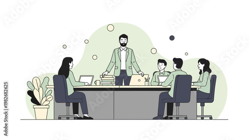 Business meeting with leader presenting to team in modern office, flat design