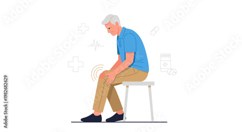 Elderly man with knee pain sitting on stool, medical icons in background