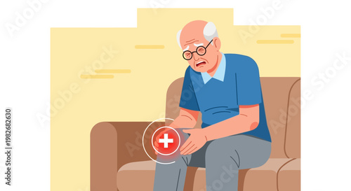 Elderly man with knee pain, joint discomfort, and medical help symbol