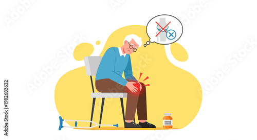 Elderly man with knee pain, arthritis, and medication, seeking relief.