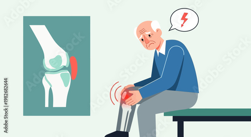 Elderly man with knee pain, arthritis illustration, joint pain, old age health problem