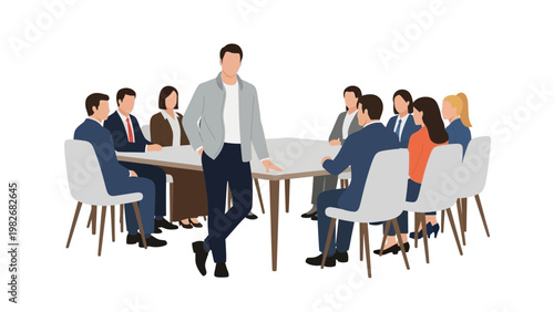 Business meeting with leader standing, diverse team at table, modern office illustration