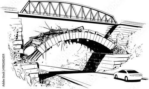 Collapsed arch bridge over road with car, black and white line destruction disaster