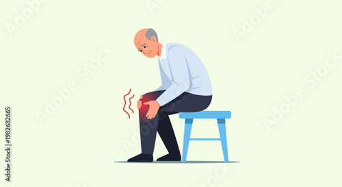Elderly man with knee pain, sitting and holding his painful joint, illustration