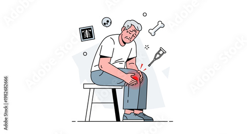 Elderly man with knee pain, sitting on a stool, medical symbols