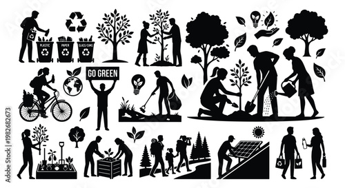 Eco friendly lifestyle silhouette icons, environmental sustainability vector set, people planting trees and recycling, green energy and conservation elements