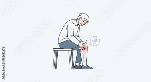 Elderly person suffering from knee pain, joint inflammation, and arthritis, medical illustration
