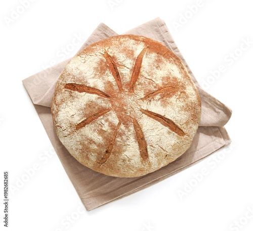 Rye bread bun top view isolated on white