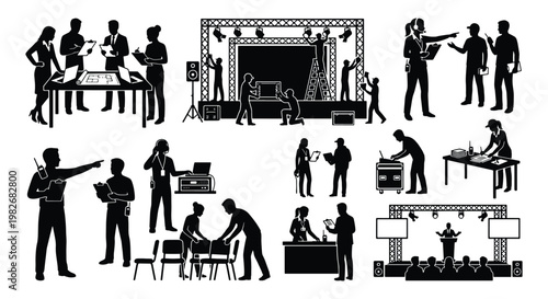 Event management silhouette set, professional conference staff and stage production crew, corporate event planning icons, concert and seminar logistics