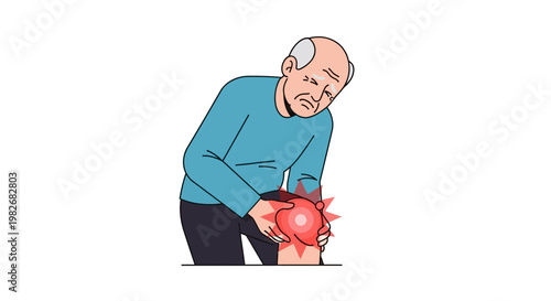 Elderly man suffering from knee pain, holding his painful joint, illustration