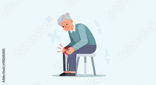 Elderly man suffering from knee pain, joint ache, arthritis, and inflammation.