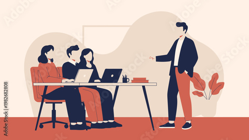 Business meeting with presentation and laptops in modern office, flat design