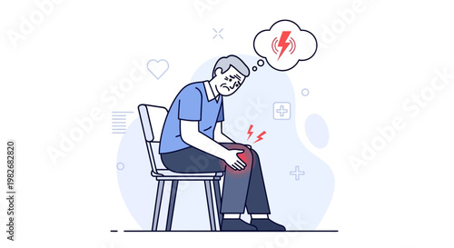 Elderly man suffering from knee pain, joint inflammation, and discomfort sitting on chair