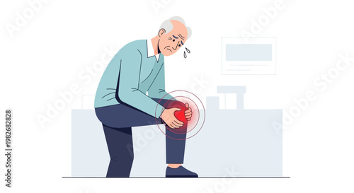 Elderly man suffering from knee pain, joint pain, arthritis, and inflammation, holding his knee.