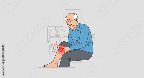 Elderly man suffering from knee pain, joint inflammation, and arthritis, holding his leg.