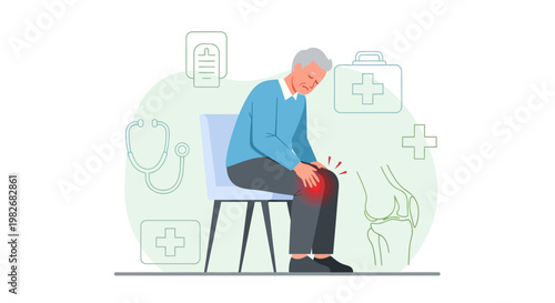Elderly man suffering from knee pain, medical icons and knee joint illustration background