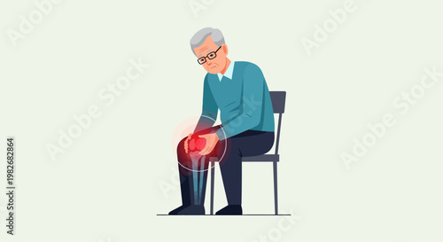 Elderly man suffering from knee pain, sitting on a chair with red inflammation highlight