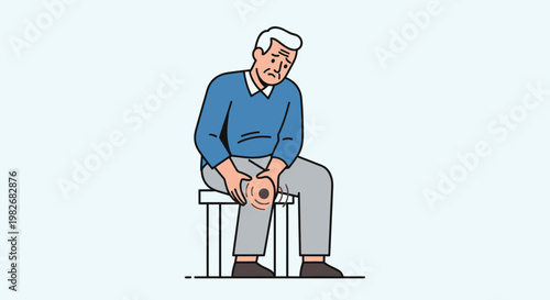Elderly Man Suffering From Knee Pain, Sitting On A Chair, Holding His Knee