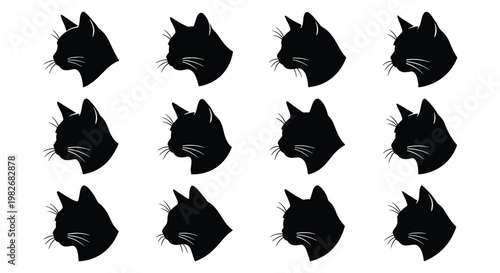 Tableau sur toile Black cat head silhouette icons, set of 12 feline profile vector elements, minim