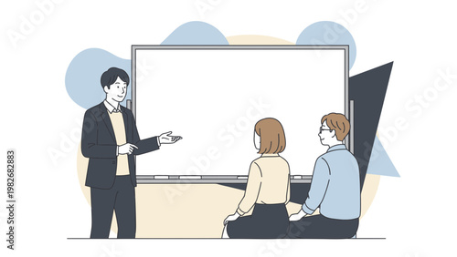 Business meeting with presentation and whiteboard, people learning and teaching