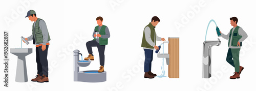 Flat illustration set of a man in hiking gear filling reusable water bottles at various public drinking fountains, isolated on a white background.