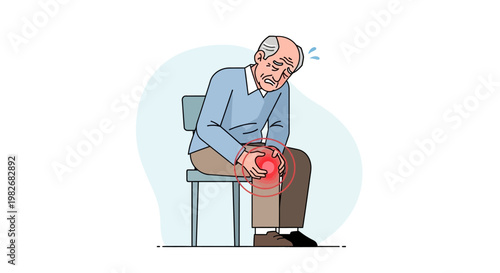 Elderly man suffering from knee pain, sitting on a chair, holding his sore knee.