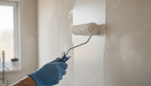 Gloved hand smoothly rolls white paint onto a wall, transforming a room during home renovation