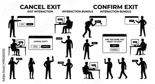 Cancel and Confirm Exit Interaction Bundle, Black Silhouette People Using Computer Interface, User Experience UX UI Design Elements Vector