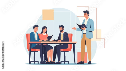 Business meeting with presentation, team collaboration, and discussion in modern office