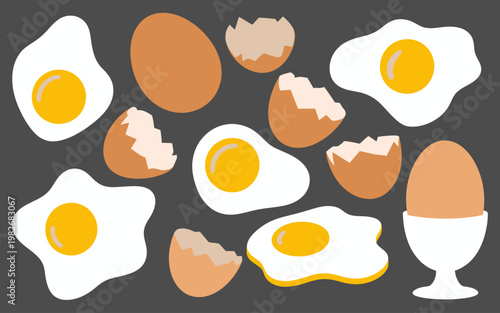 Obraz na płótnie Flat minimalist of fried eggs, whole eggs, and eggshells dark gray background yo